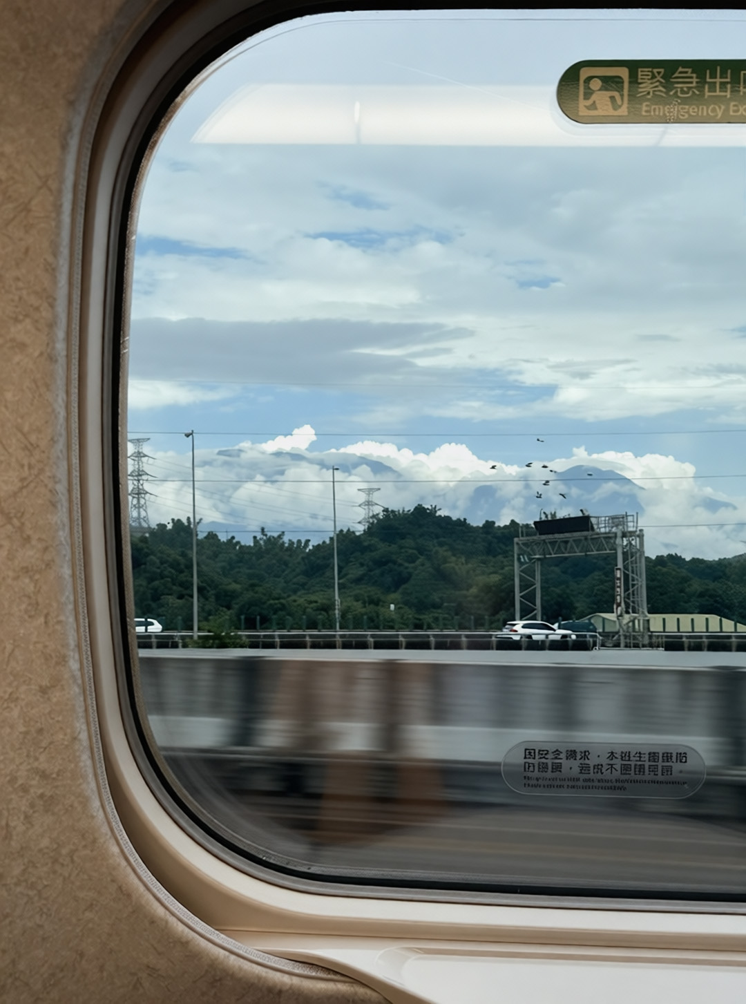 Taiwan HSR window from inside, showing road and cars outside, pylons and wires, distant mountains in cloud, a flock of birds